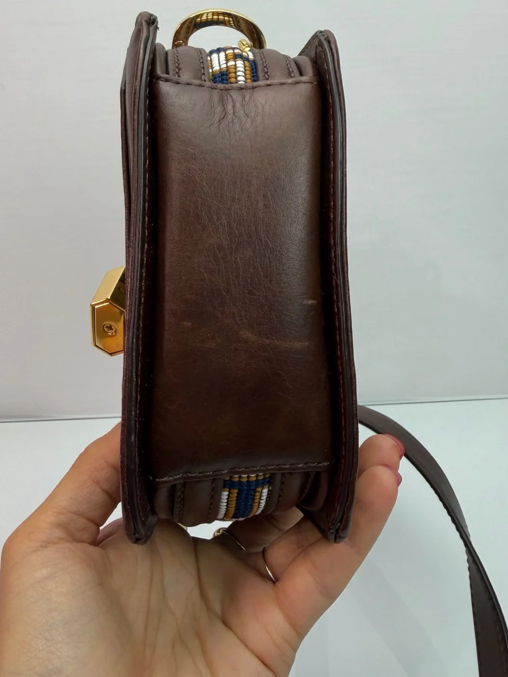 Tory Burch Mini Crossbody Bag Navy Brown Jacquard Lock Gold